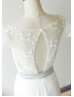 Cap Sleeves Ivory Lace Chiffon Slit Open Back Long Wedding Dress